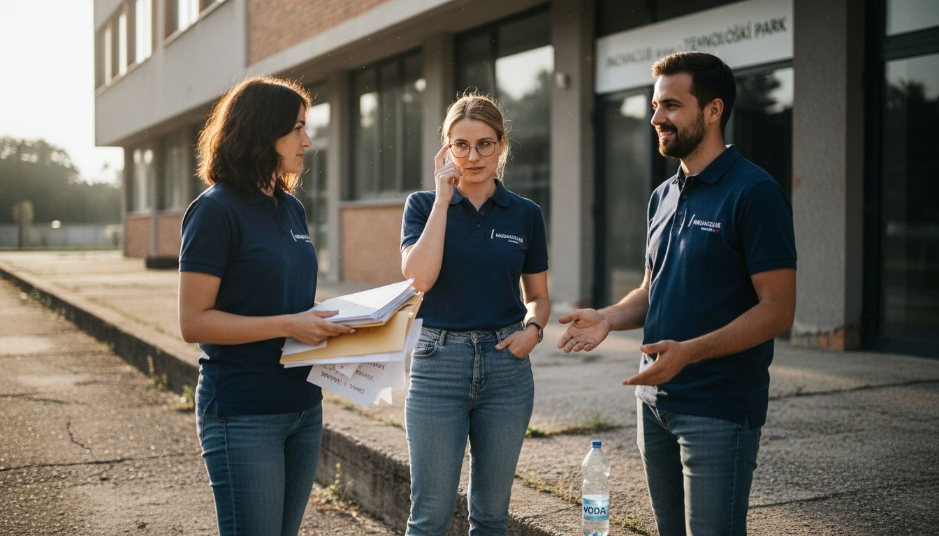 Zaposleni zunaj podjetja v polo majicah z logotipom našega podjetja