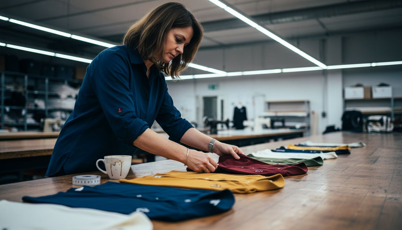 Eine Frau sitzt am Tisch und vergleicht verschiedene Poloshirts mit Farbmuster.