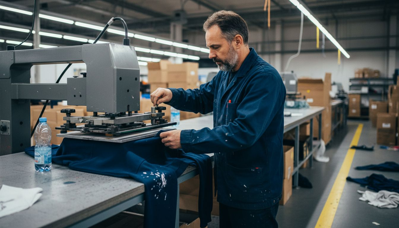 Ein Techniker tüftelt an einem neuen Verfahren für den Druck von Hoodies.