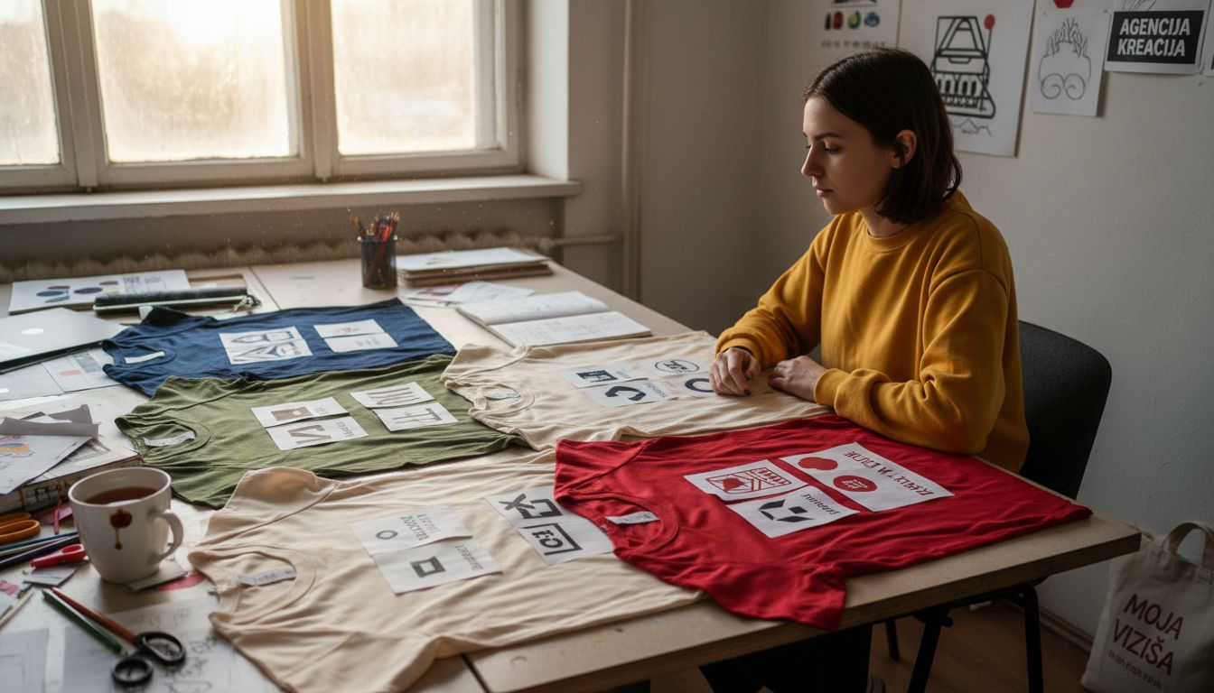 Oblikovalka izbira in preverja dizajne majic, ki bodo šli v tisk.