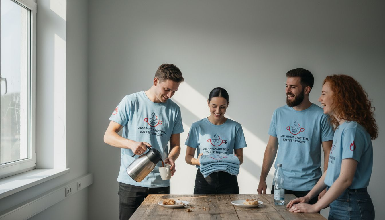 Im Aufenthaltsraum sitzen Kollegen in individuell gestalteten T-Shirts und machen gemeinsam Pause.