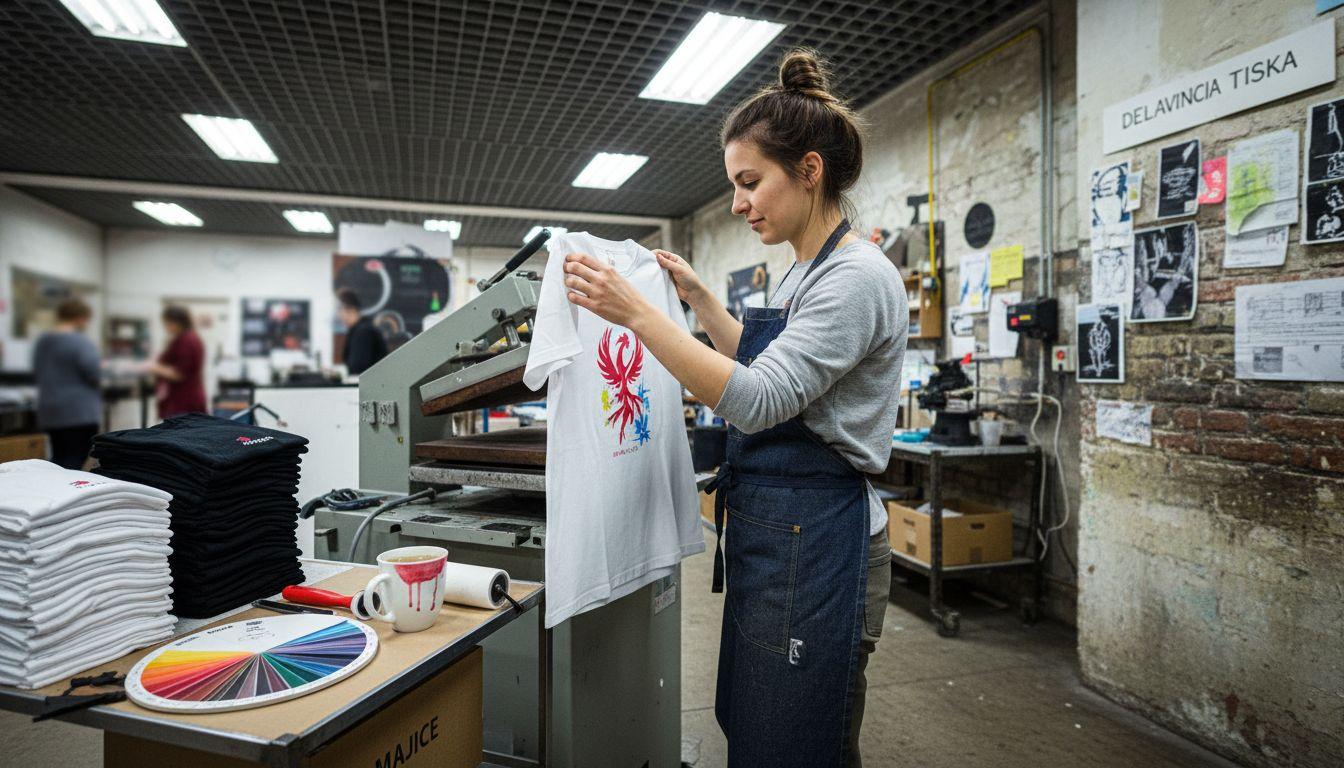 Ženska pozorno pregleduje poskusni odtis pri toplotni preši.