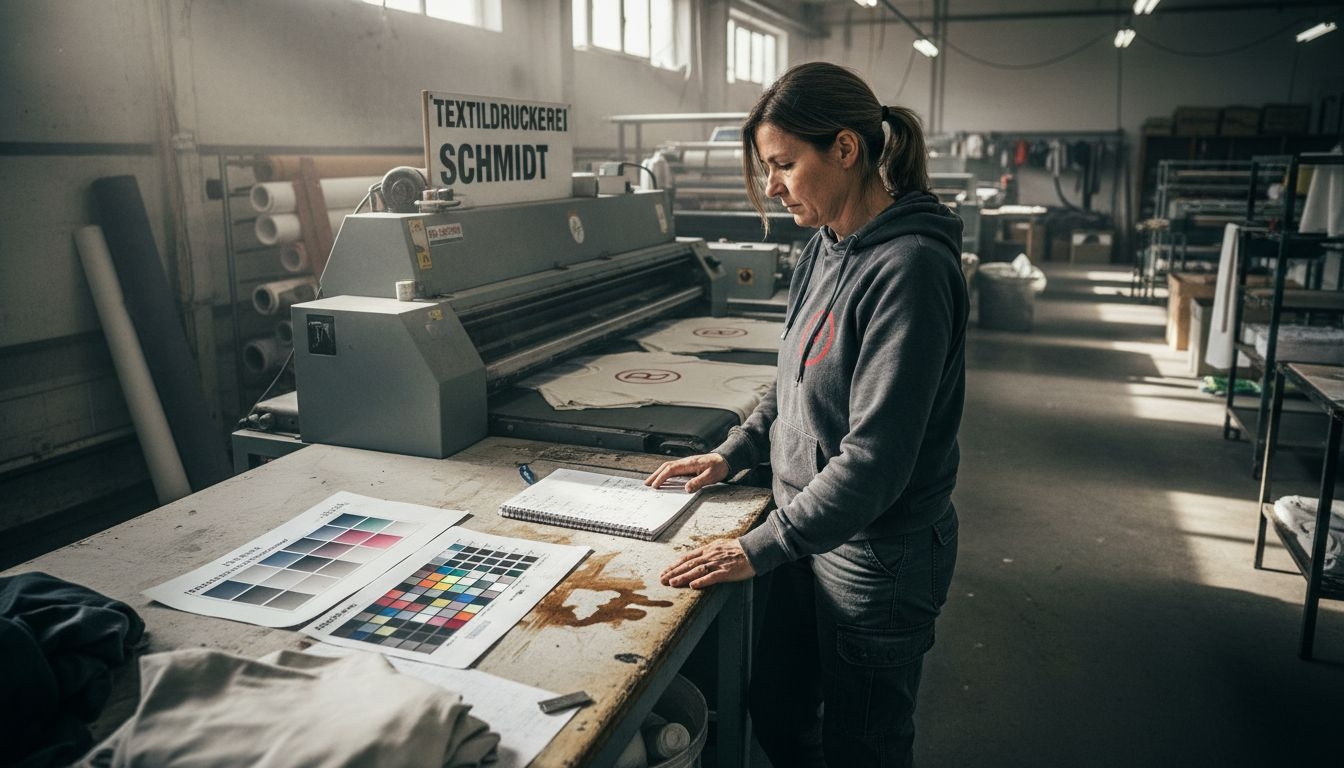 Der Produktionsleiter behält den Druckvorgang für T-Shirts genau im Blick.