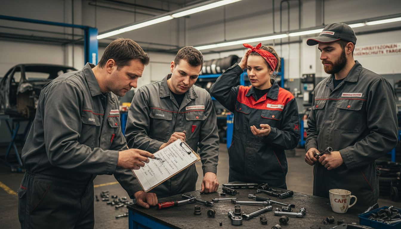 Das Werkstatt-Team trägt individuell gestaltete Arbeitskleidung.