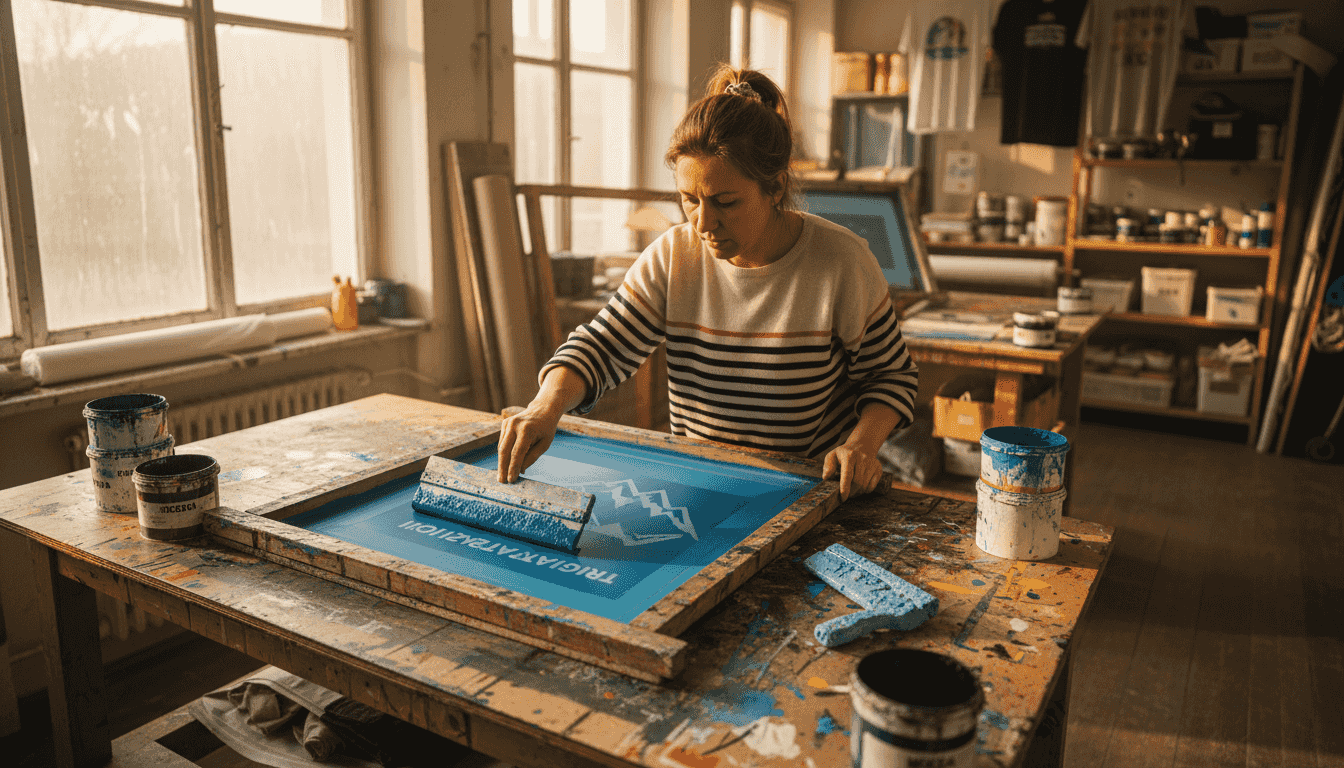 Ženska pripravlja sito za tiskanje majic.