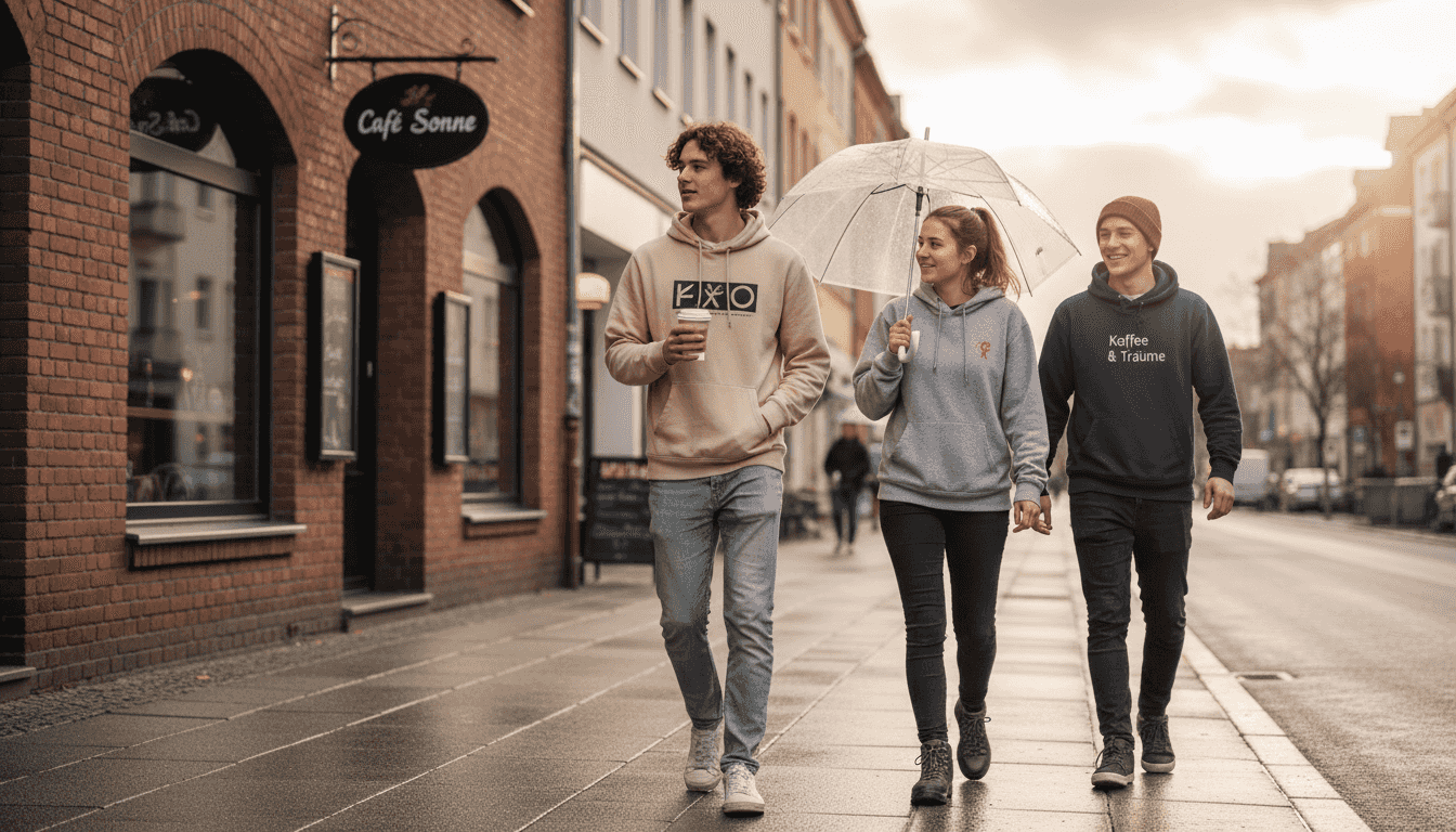 Eine Gruppe junger Leute läuft mit auffälligen Hoodies durch die Stadt, auf denen Werbung zu sehen ist.