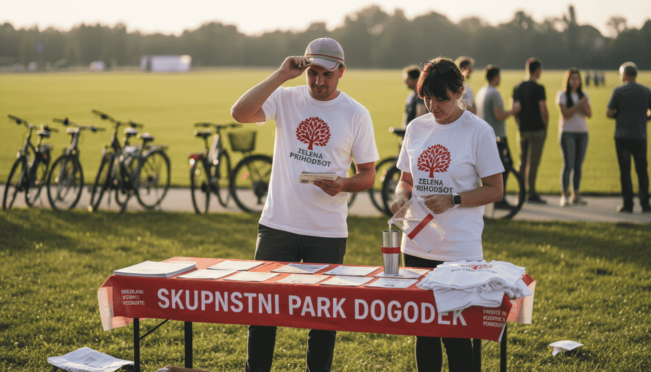 Na promocijskem dogodku so sodelavci obiskovalcem delili majice z logotipom podjetja.