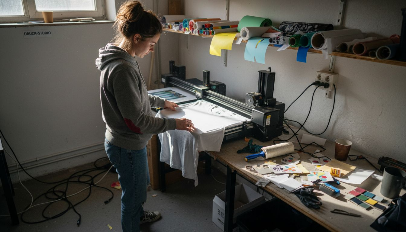 Eine Frau bereitet eine Charge Textilien für den Direktdruck vor.