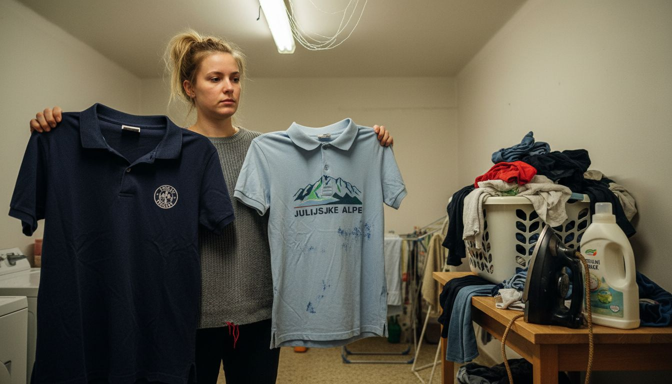 Ženska si ogleduje in primerja majice z vezenimi ter tiskanimi motivi, da bi ugotovila, katera ji bolj ustreza.