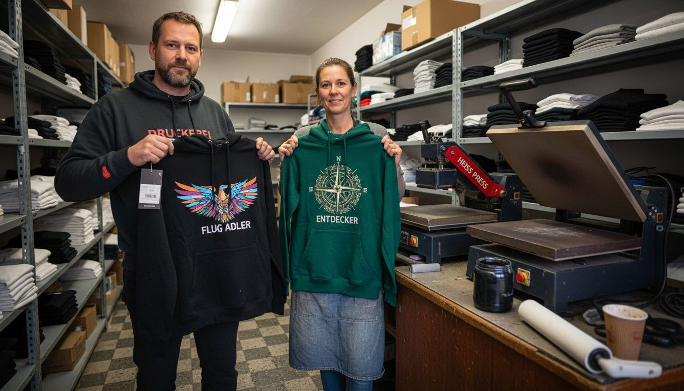 Mitarbeiter aus der Druckerei zeigen, wie verschiedene Drucktechniken auf Hoodies angewendet werden können.