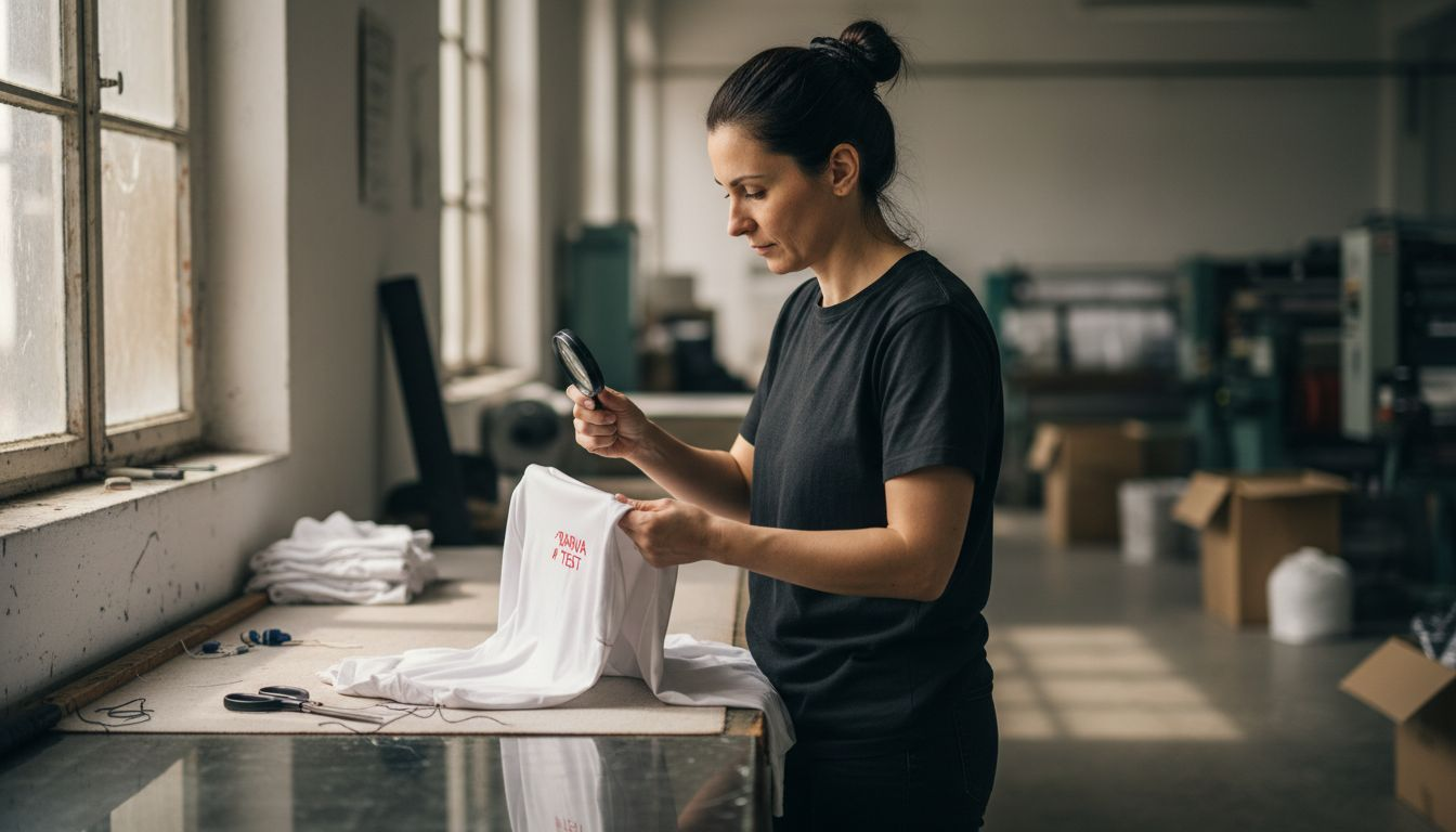 Ženska natančno pregleduje, ali je tisk na blagu res kakovosten.