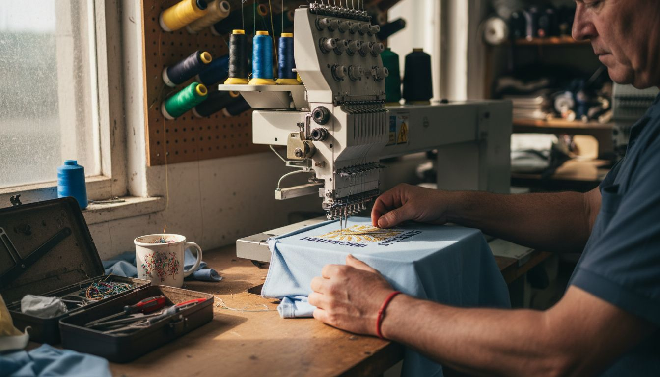 Beim Maschinensticken wird das Poloshirt von Hand geführt.