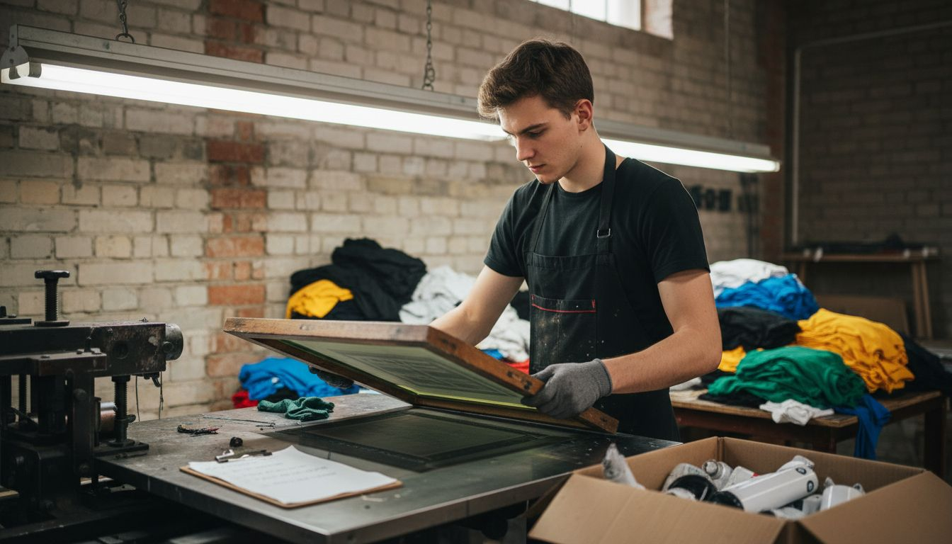 Ein Mitarbeiter hebt im Druckatelier sorgsam den Siebdruckrahmen an.