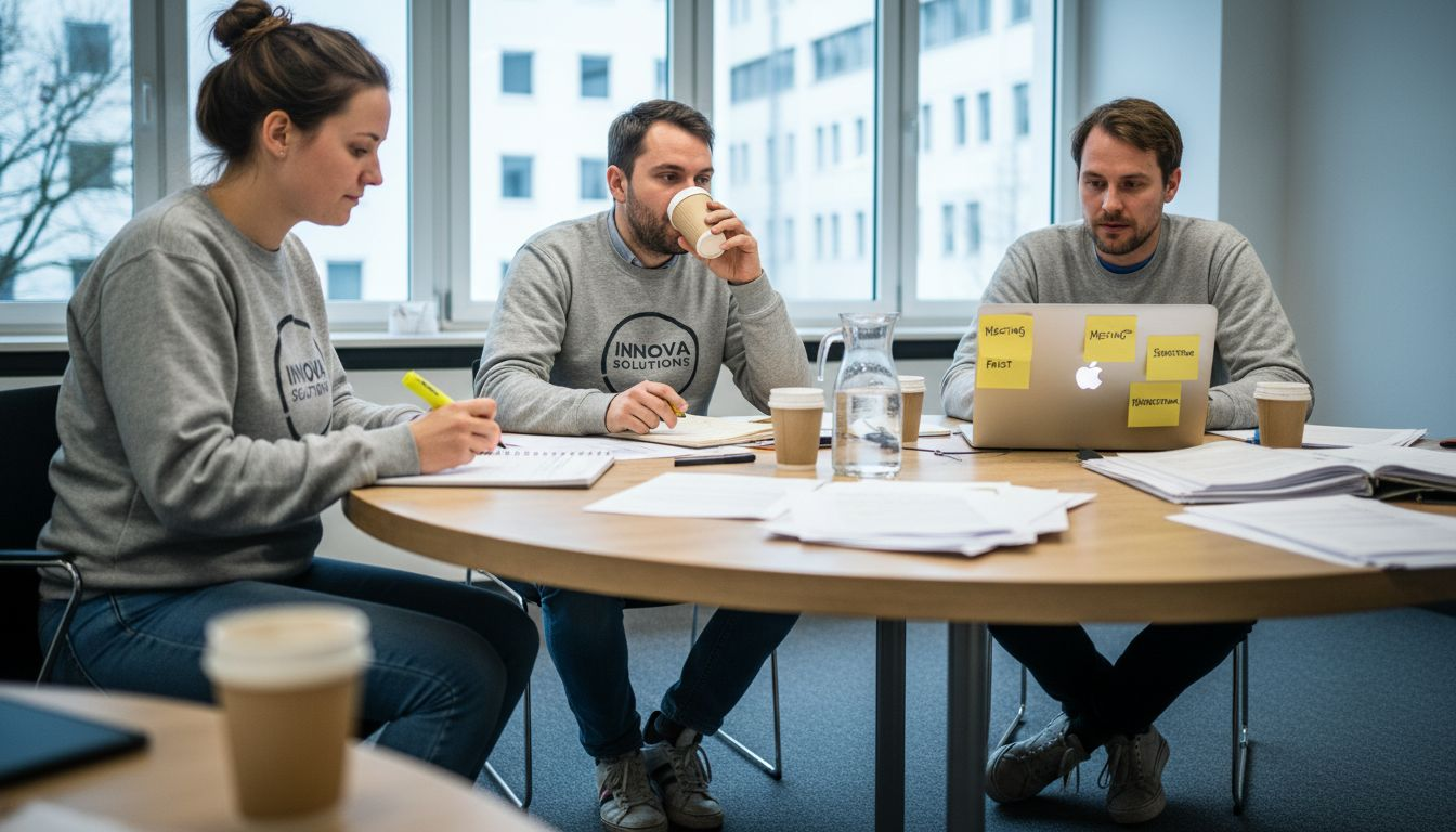 Ein Team von Kollegen sitzt gemeinsam am Tisch – alle tragen die gleichen Sweatshirts.