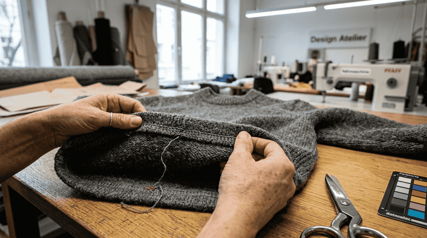 Mit den Händen wird das Material des Pullovers auf seine Qualität geprüft.