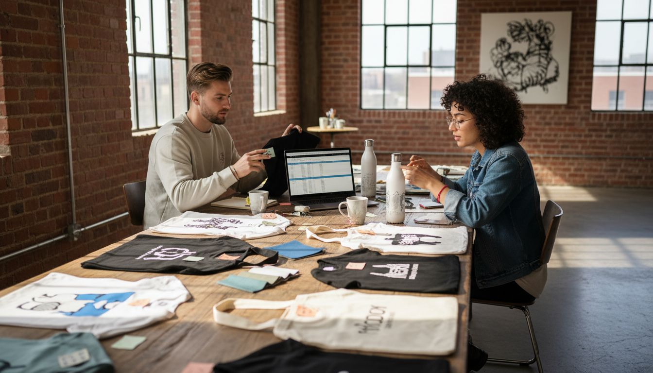 Designer begutachten individuelle Muster für Merchandise-Artikel.