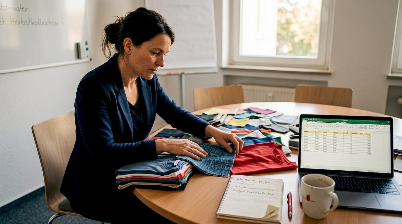 Eine Frau begutachtet und vergleicht verschiedene Stoffmuster.
