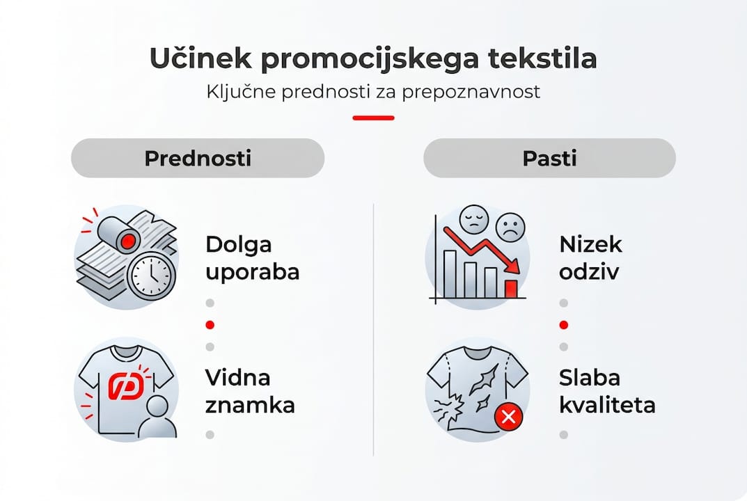 Grafični prikaz ključnih koristi in izzivov promocije s tekstilnimi izdelki