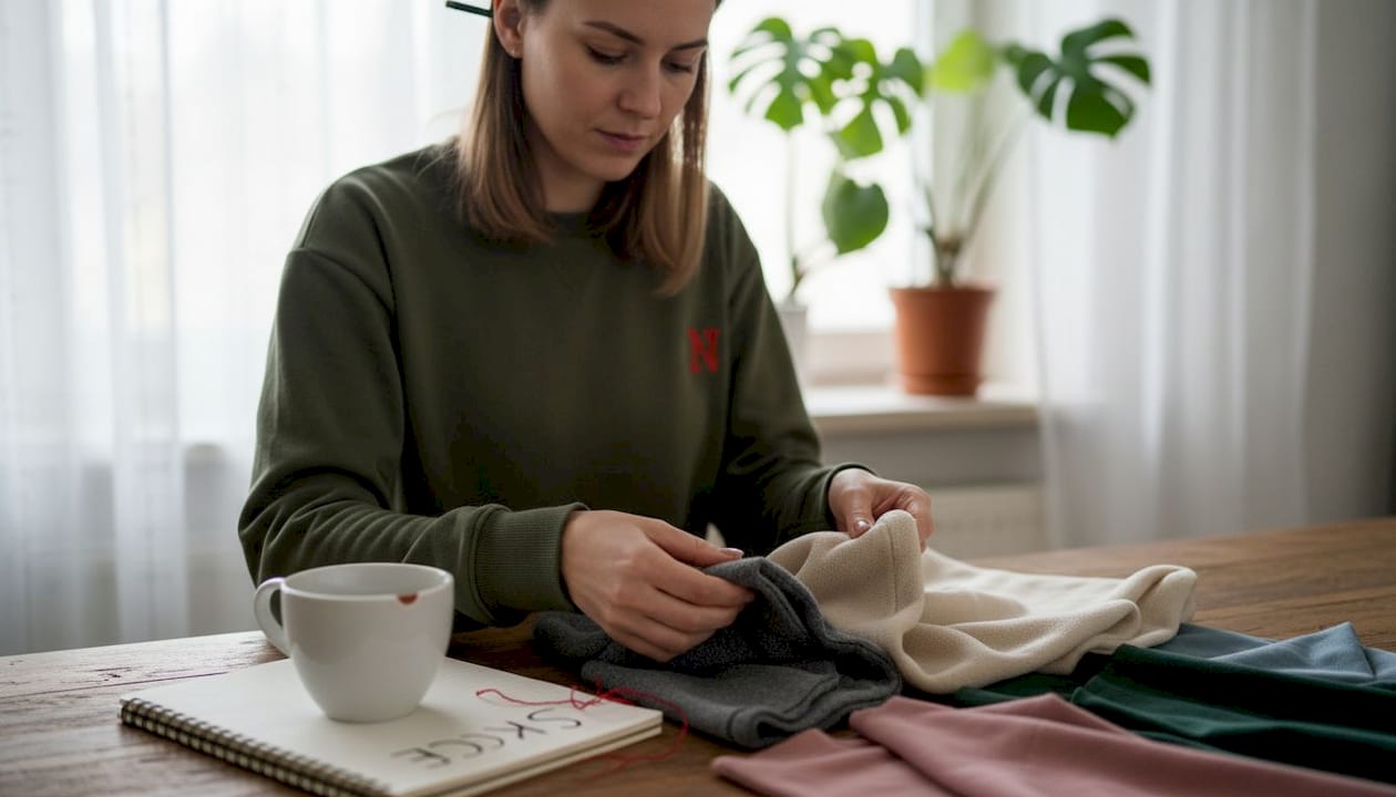 Na kuhinjskem pultu primerjam različne vzorce materialov za športne puloverje.