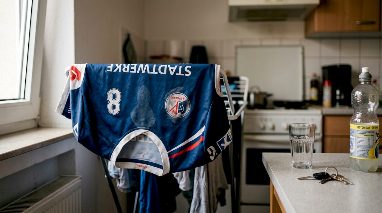 Ein Sporttrikot aus Polyester hängt zum Trocknen auf dem Wäscheständer mitten in der Küche.