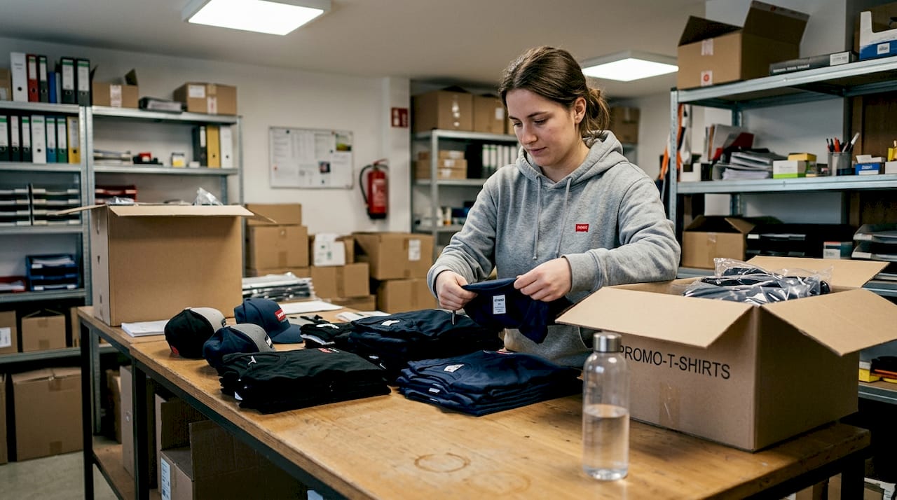 Eine Frau begutachtet verschiedene Outfits für Werbeaktionen.
