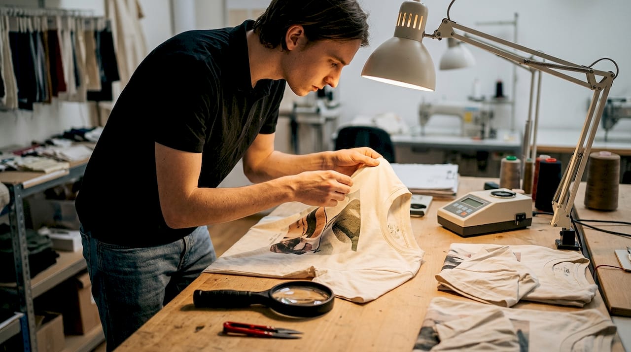 Ein Fachmann kontrolliert ein T-Shirt aus bedruckter Bio-Baumwolle.