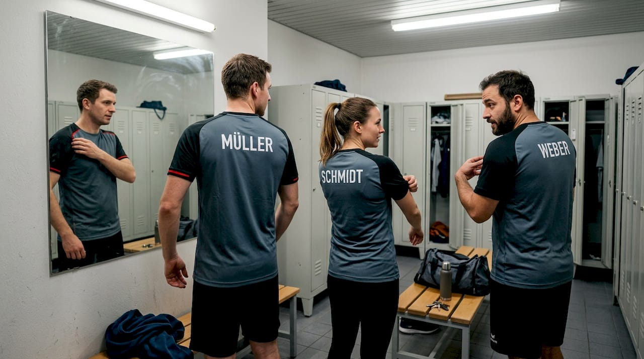 Vereinsmitglieder probieren die neuen Trikots an und schauen, ob sie richtig sitzen.