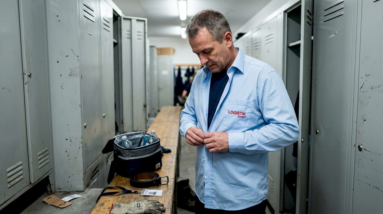 Eine Mitarbeiterin richtet ihre Arbeitskleidung an den Spinden her.