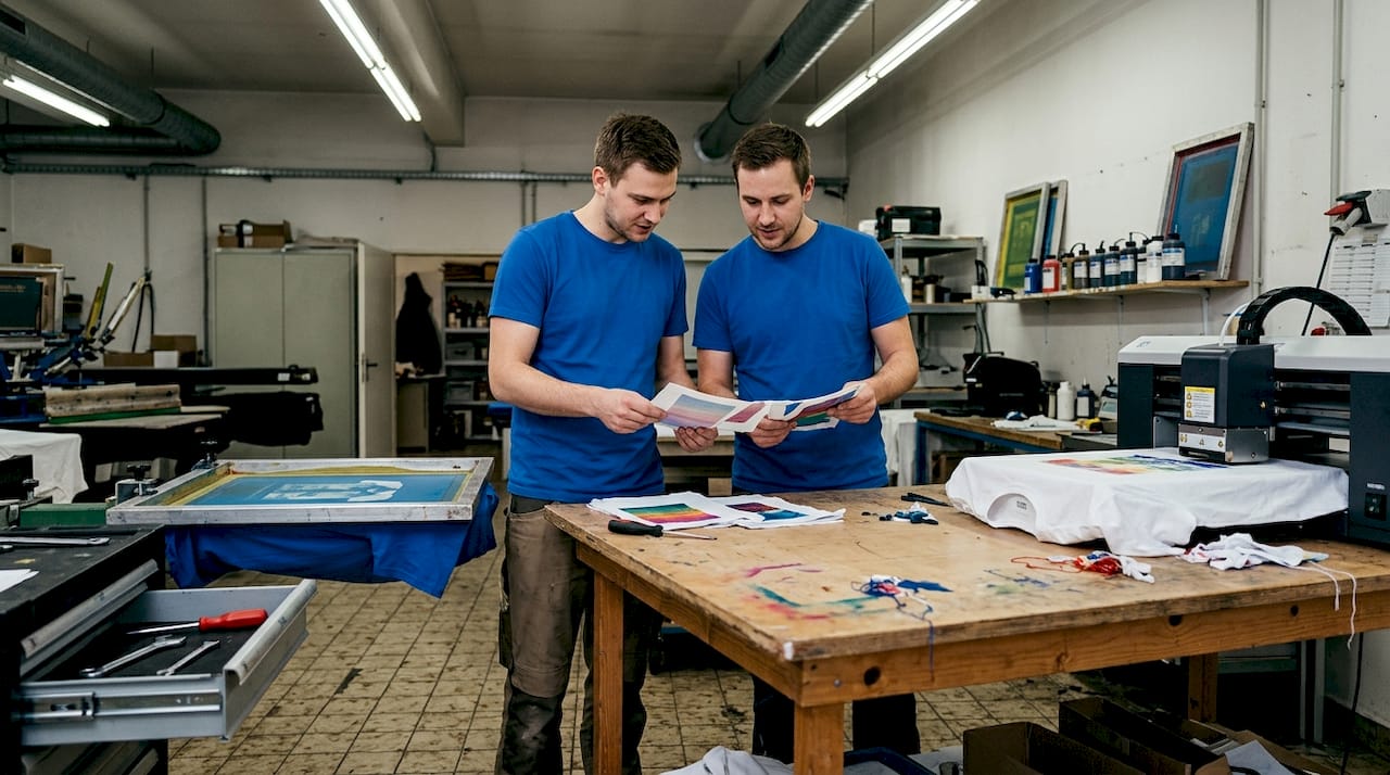 Zwei Fachleute überprüfen verschiedene Methoden des Textildrucks.