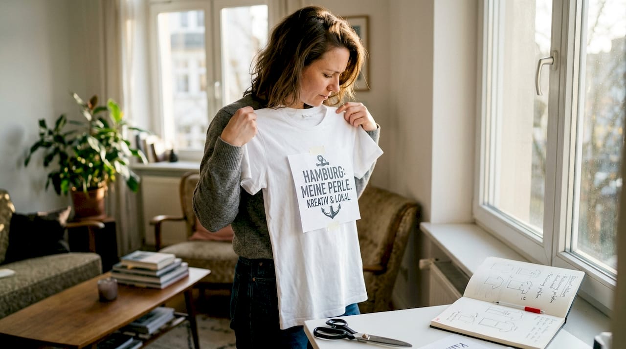 Eine Frau legt ein Design auf ein schlichtes T-Shirt, um die optimale Position zu bestimmen.