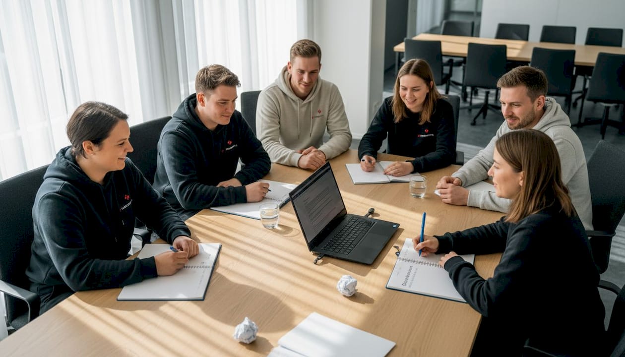 Das Team tauscht sich in einheitlicher Firmenkleidung über neue Ideen aus.