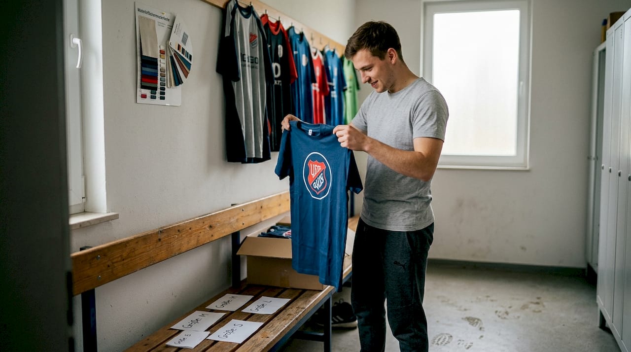 Ein Mann begutachtet das Vereinslogo auf seinem bedruckten T-Shirt.