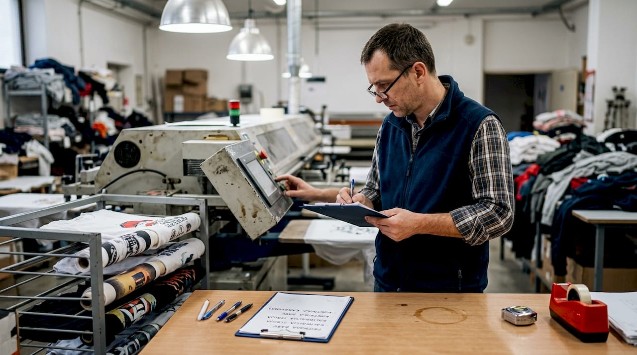 Delavec nastavlja upravljalne elemente na stroju za tiskanje na tekstil.