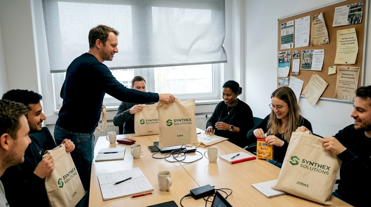 Als besonderes Dankeschön bekommt unser Team individuell gestaltete Stoffbeutel geschenkt.