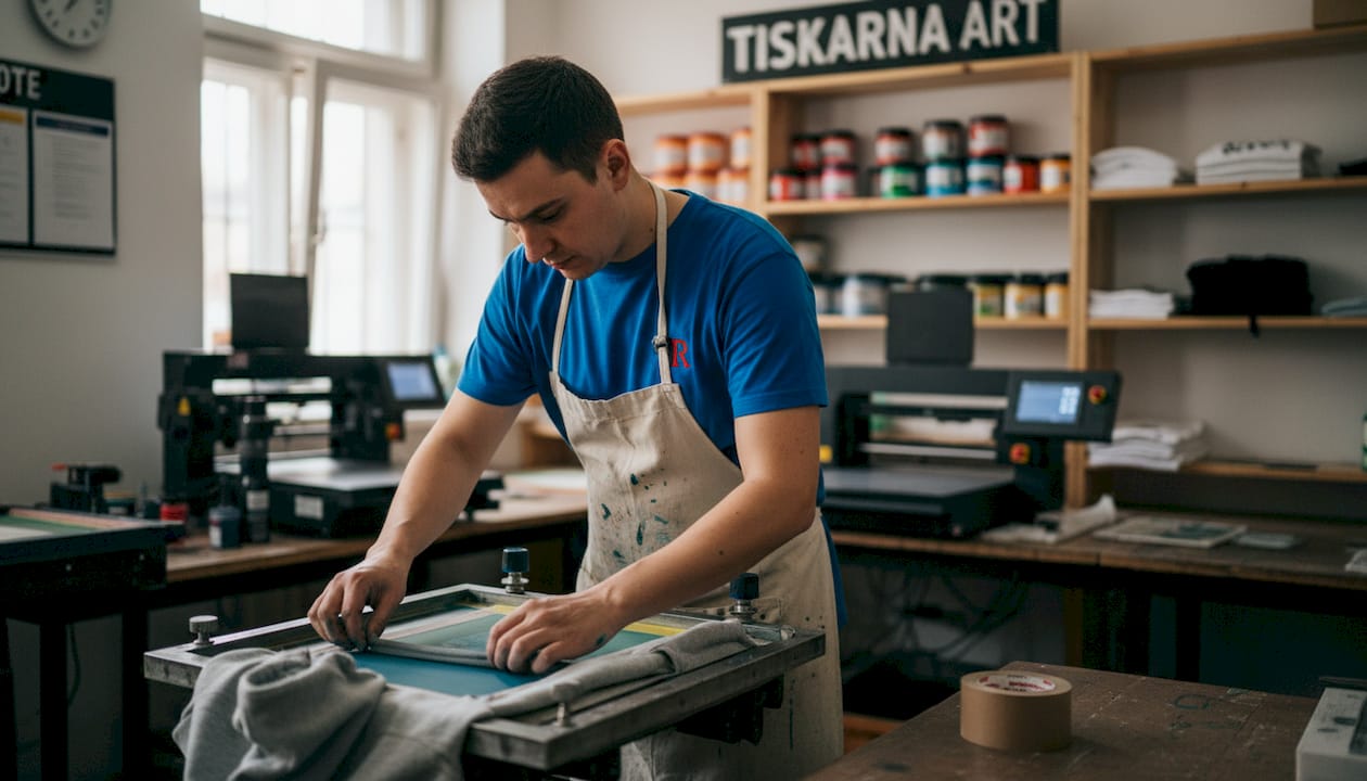 Tehnik na tiskarski postaji natančno poravna pulover s kapuco pred tiskanjem.