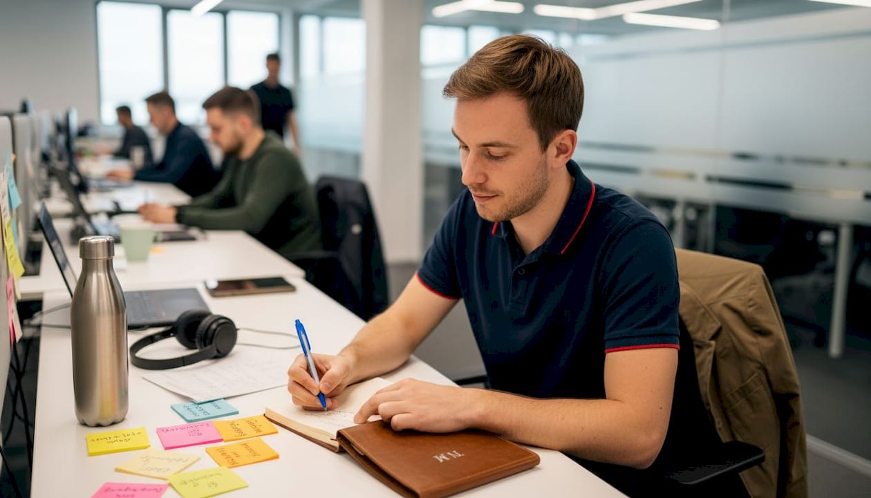 Mitarbeiter arbeitet mit individuell gestalteten Büromaterialien.