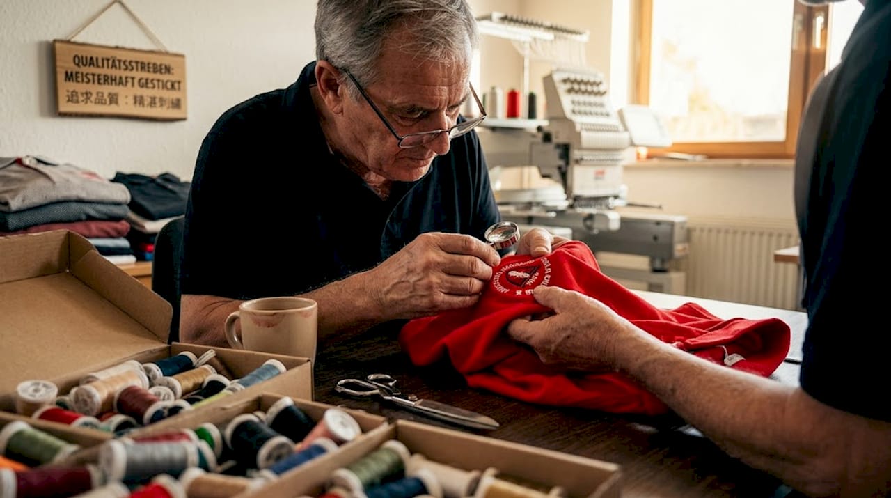 Kontrolle des gestickten Vereinslogos auf dem Club-Poloshirt