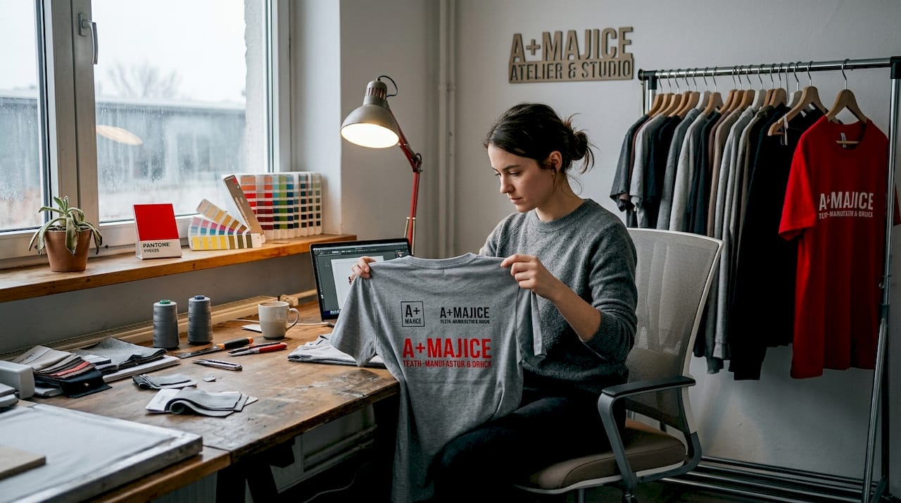 Eine Designerin begutachtet verschiedene Entwürfe für T-Shirt-Logos.