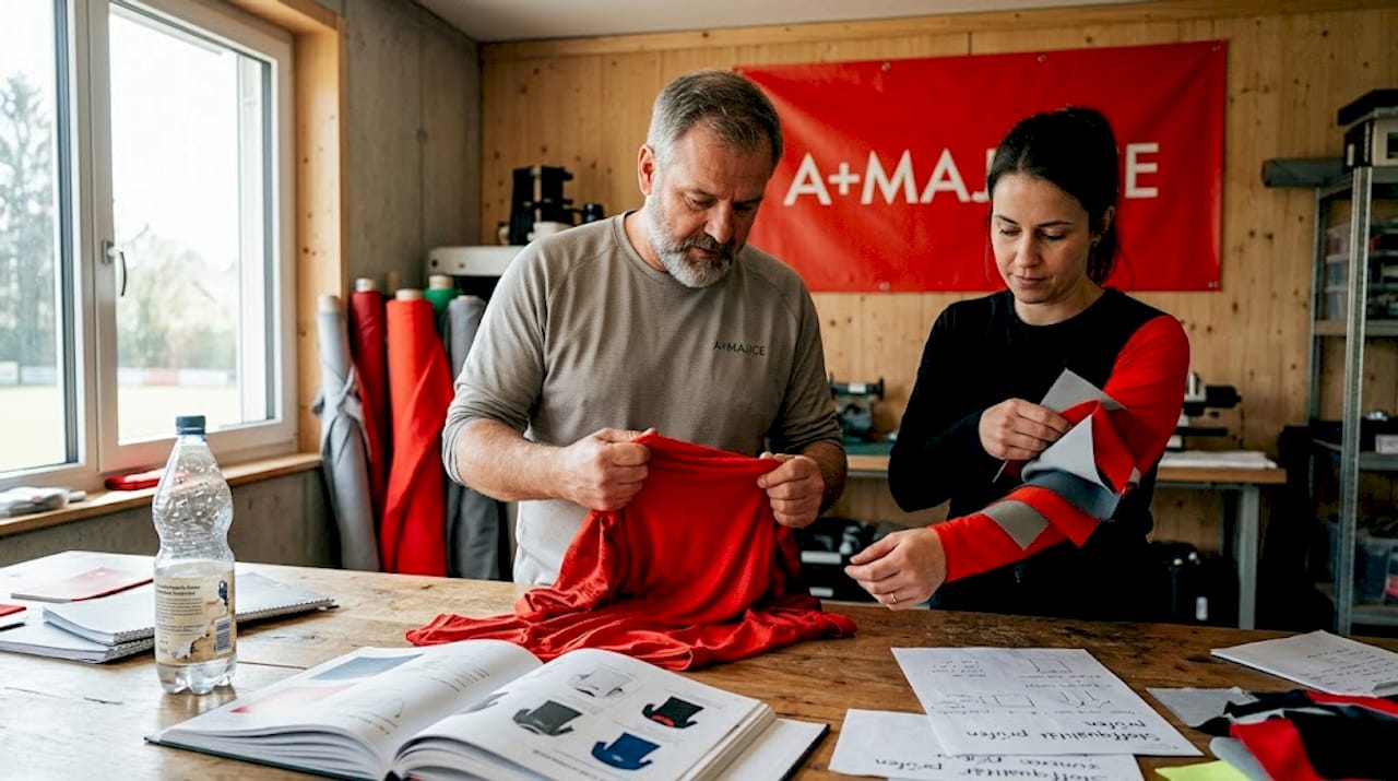 Zwei Kolleginnen und Kollegen prüfen die Qualität der Materialien.