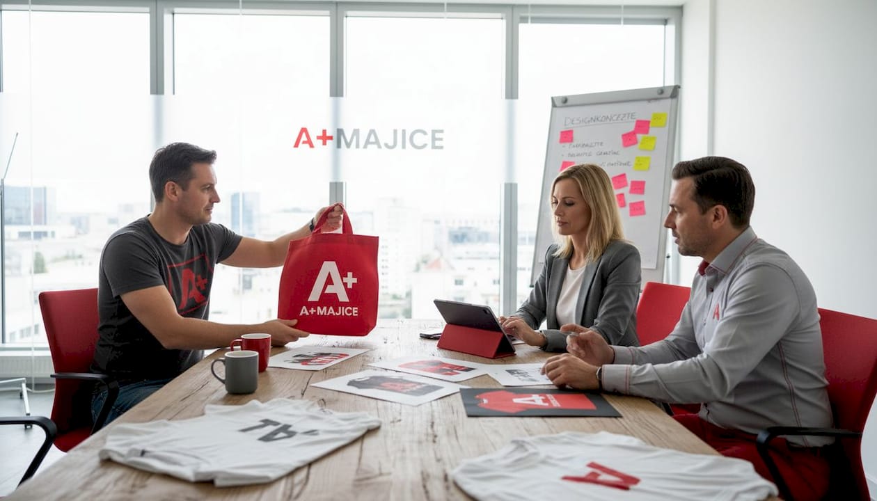 Am Konferenztisch tüftelt das Team an Ideen für das Event-Merchandise.