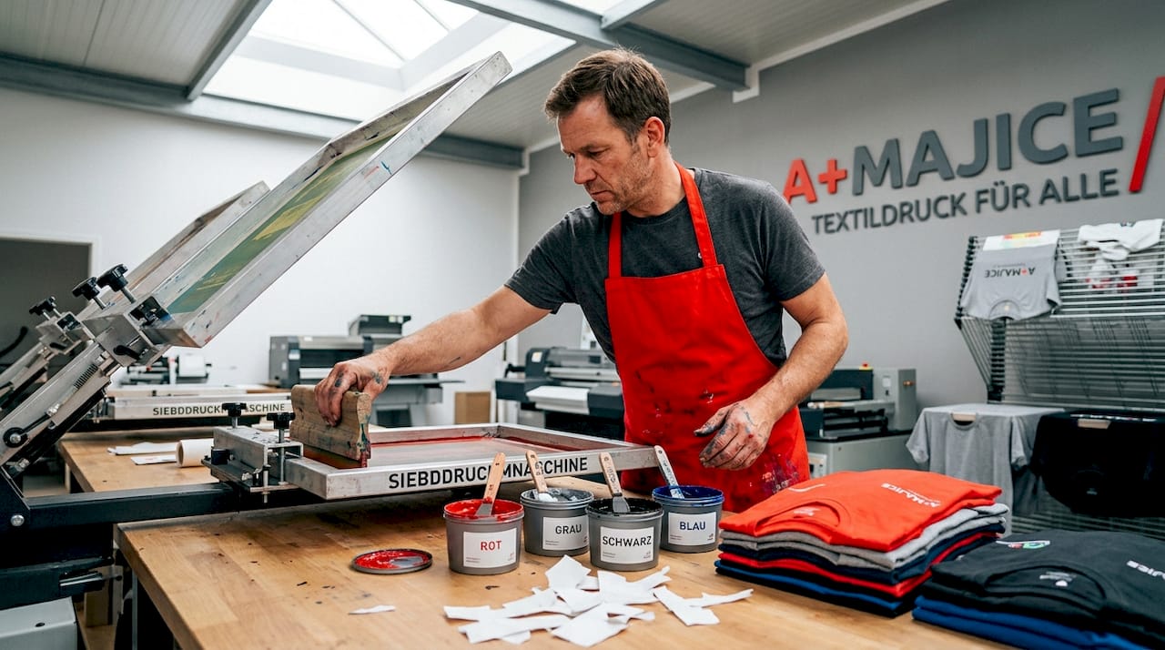 Ein Techniker bereitet den Siebdruck für Geschenkartikel vor.