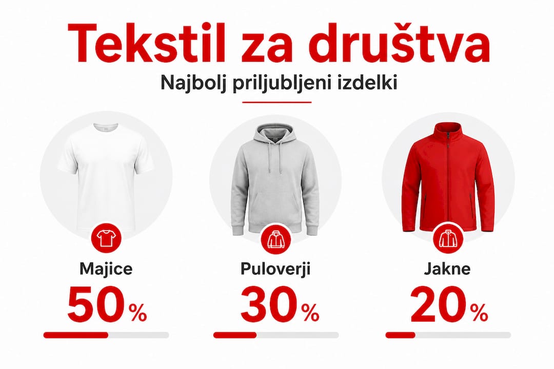 Grafični prikaz treh različnih vrst tekstila, ki jih društva najpogosteje uporabljajo