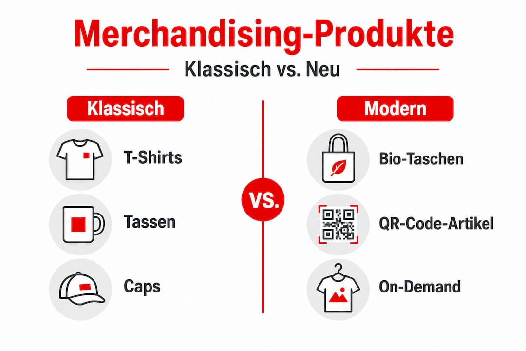 Infografik: Gegenüberstellung von klassischen und modernen Merch-Artikeln