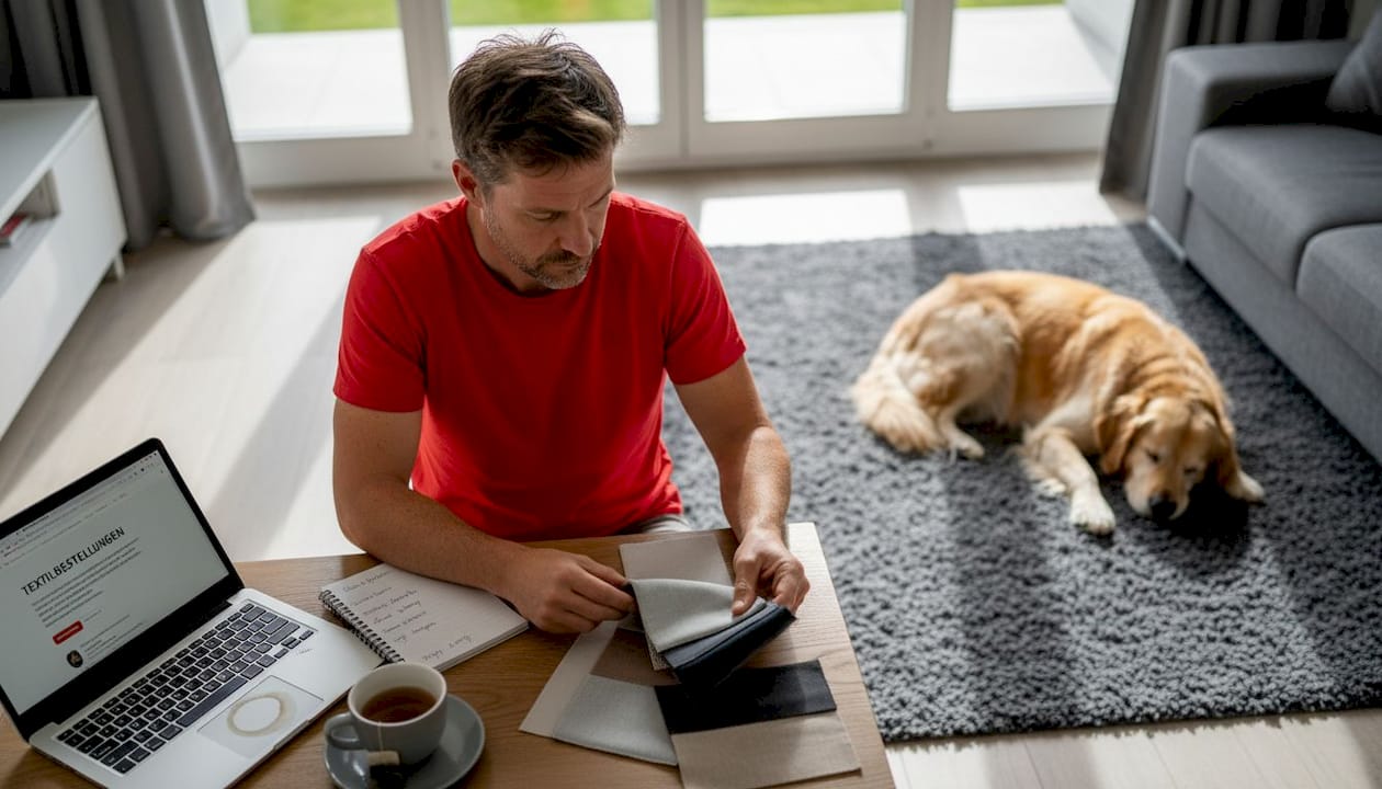 Stoffmuster und Notizen zum Vergleich verschiedener Materialien