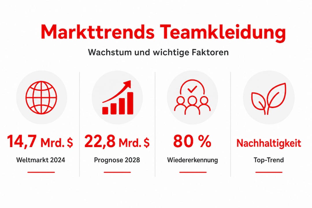 Übersichtliche Infografik: Aktuelle Zahlen und Entwicklungen rund um den Markt für Teamkleidung