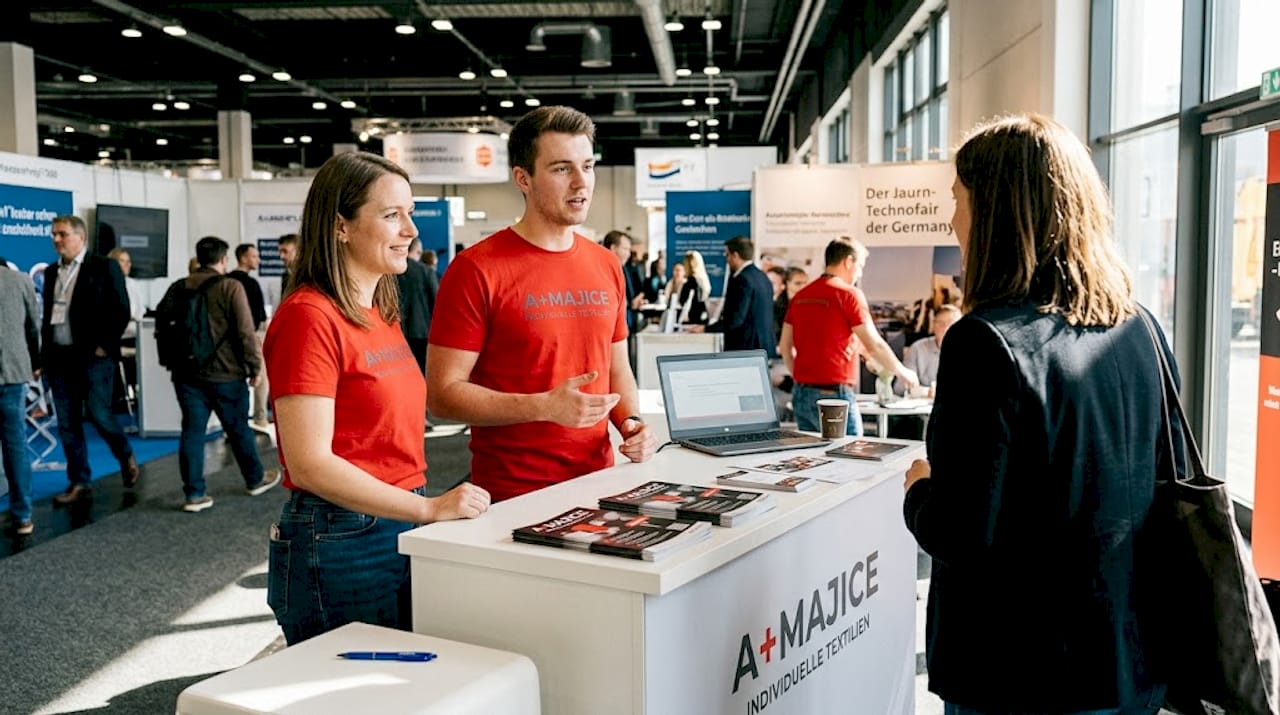Unser Standteam trägt einheitliche Kleidung mit Firmenlogo – so sind wir am Messestand sofort als Ansprechpartner erkennbar.