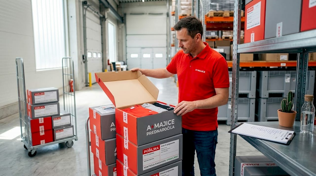 Logistični strokovnjak pregleda kakovost paketov z izdelki.