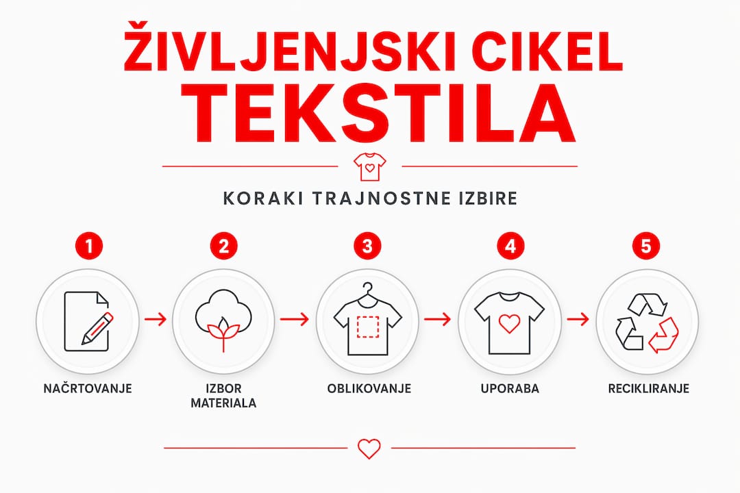 Infografika prikazuje posamezne faze življenjskega cikla tekstila.
