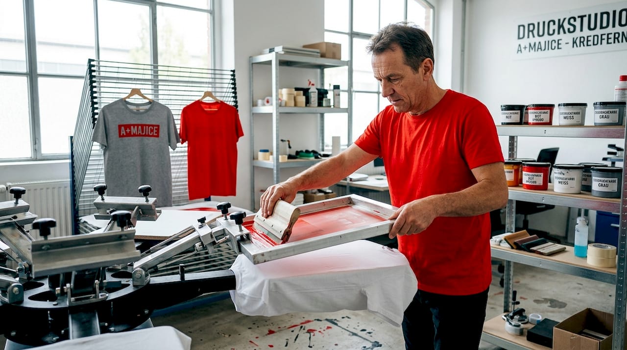 Ein Techniker bedient die Siebdruckmaschine.