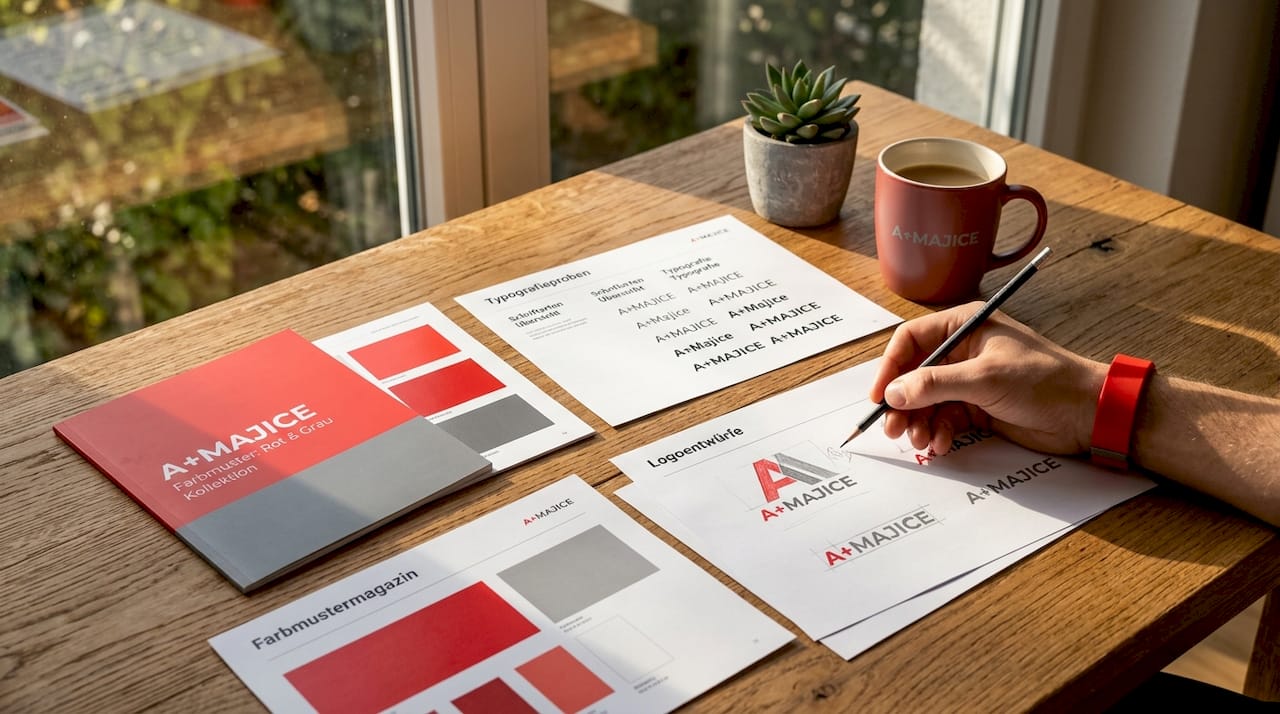Arbeitsplatz mit Unterlagen und Materialien zur Entwicklung eines einheitlichen Markenauftritts
